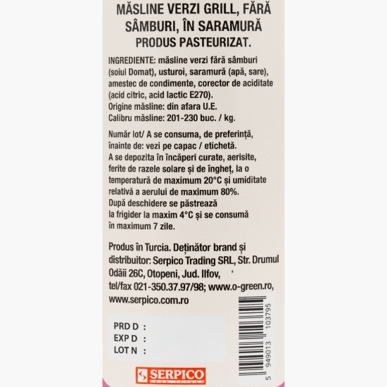 Măsline verzi grill fără sâmburi în saramură 450g