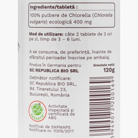 Chlorella ecologică cu perete celular spart 300 tablete, 400mg