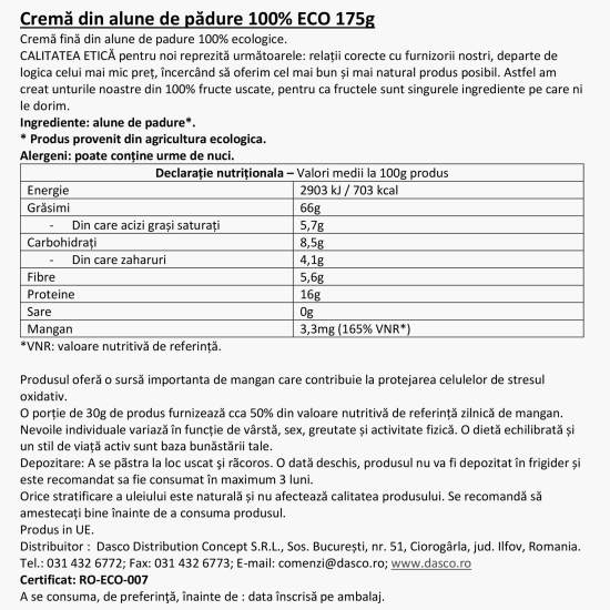 Cremă eco de alune de pădure decojite și coapte 175g