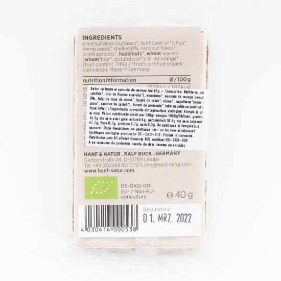 Baton cu fructe și semințe de cânepă eco 40g