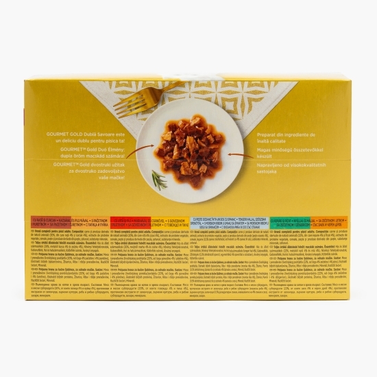 Hrană umedă pentru pisici Duo Gold, 12x85g, mix de arome (rață & curcan, vită & pui, pește oceanic, iepure & ficat)
