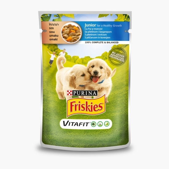 Hrană umedă pentru câini Junior, 100g, cu pui și morcovi în sos