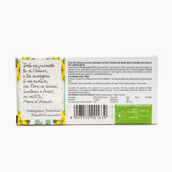 File de anșoa în ulei extravirgin de măsline și aromă naturală de lămâie, eco, 48g