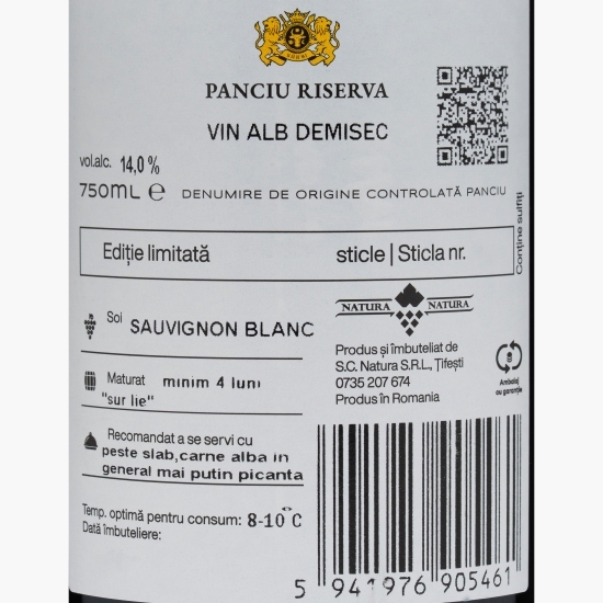 Vin alb demisec Sauvignon Blanc, 14%, 0.75l