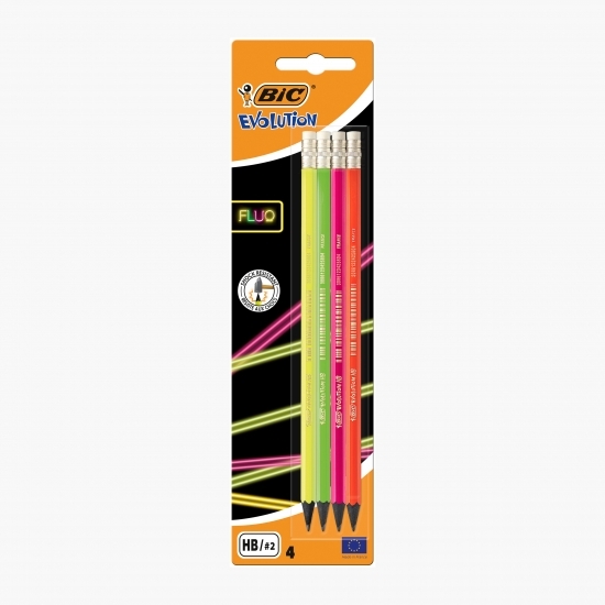 Set 4 creioane grafit Evolution Fluo cu radieră