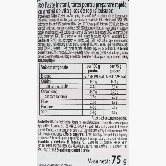Tăiței cu aromă de vită, cu sos de roșii și busuioc, pungă 75 g