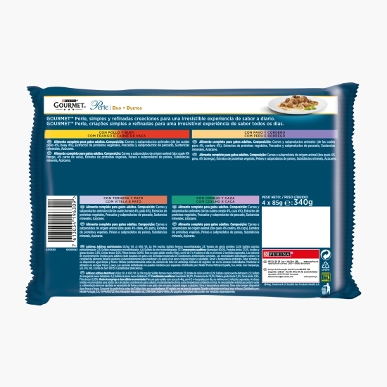 Hrană umedă pentru pisici, 4x85g, multipack Duet cu pui & vită/curcan & miel/vițel & rată/iepure & vânat în sos