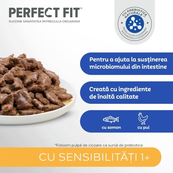 Hrană umedă pentru pisici sensibile adulte 4 x 85g, cu pui și somon în sos