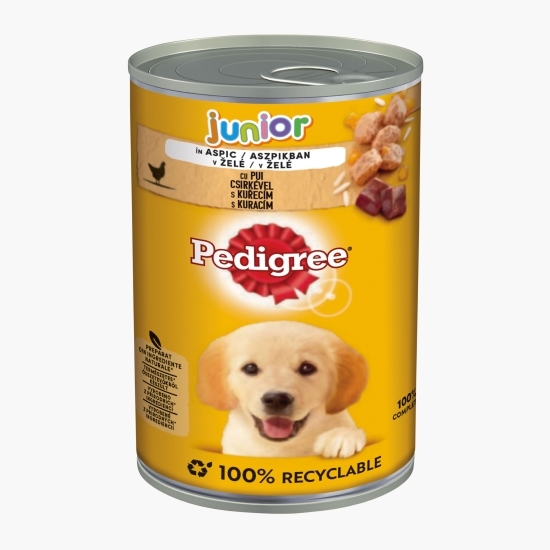 Hrană umedă completă pentru căței juniori, 400g, cu pui în aspic