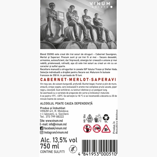 Vin roșu sec Cabernet Sauvignon, Merlot, Saperavi, 13.5%, 0.75l
