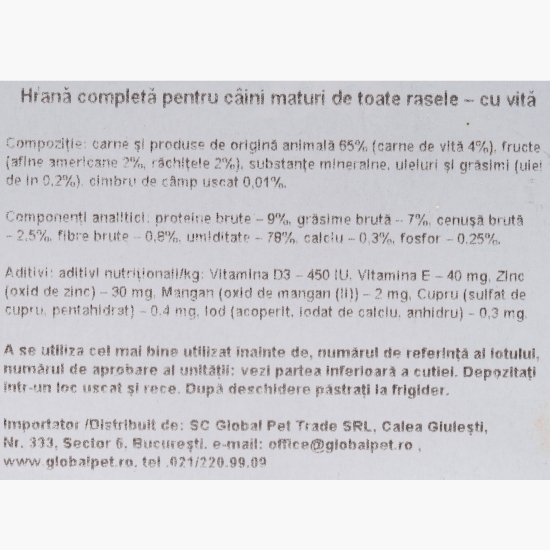 Hrană umedă pentru câini adulți, cu vită, afine și merișoare, 500g
