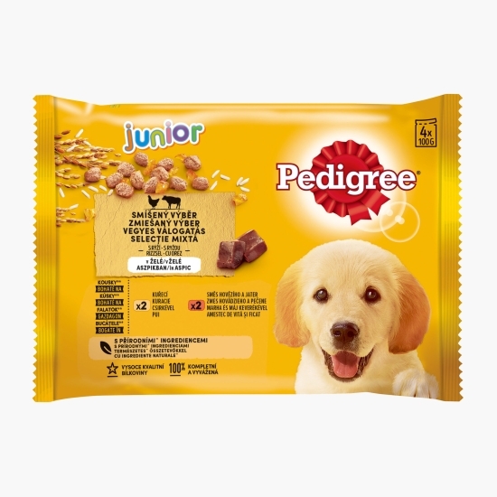 Hrană umedă pentru câini juniori, 4x100g, selecție de carne cu orez în aspic