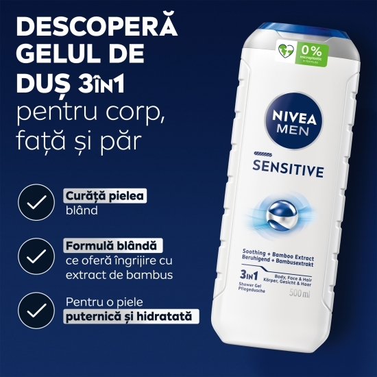 Gel de duș bărbați Sensitive 3în1, pentru corp, față și păr 0.5l