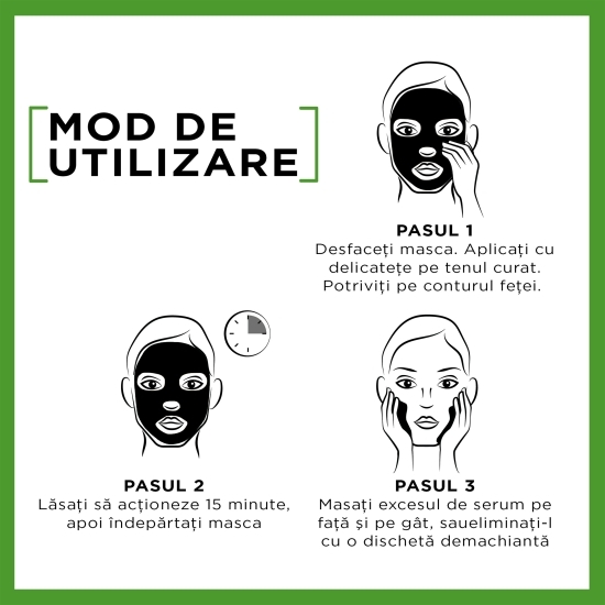 Mască șervețel neagră îmbogățită cu cărbune și extract de ceai negru 28g