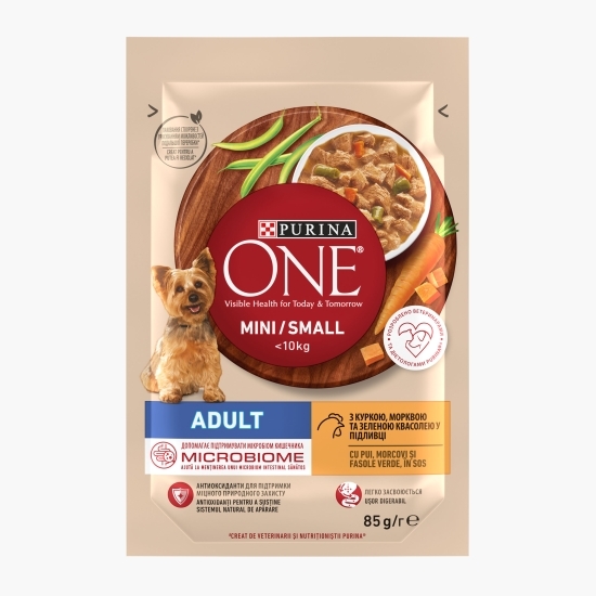 Hrană umedă pentru câini adulți One Mini cu pui, morcovi și fasole verde, în sos 85g