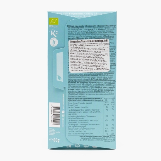 Ciocolată albă eco, cu fistic și portocale, fără zahăr adăugat, 60g