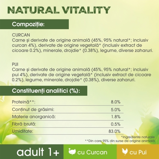 Hrană umedă pentru pisici adulte 1+, 6x50g, Natural Vitality cu pui și curcan 