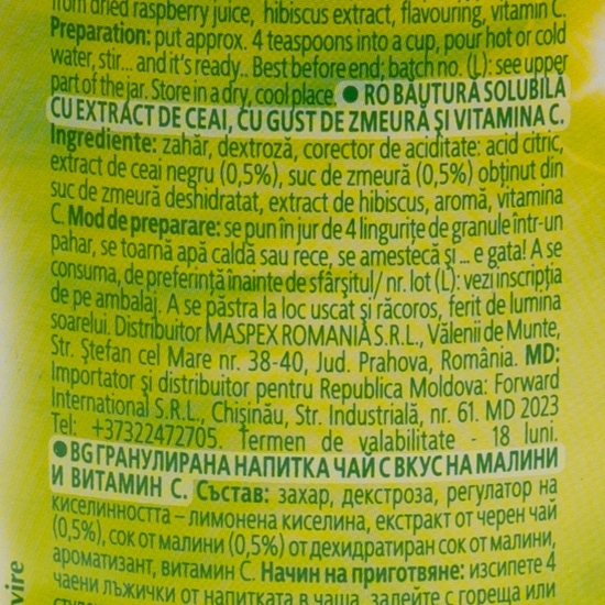 Băutură solubilă cu extract de ceai, cu gust de zmeură și vitamina C 350g