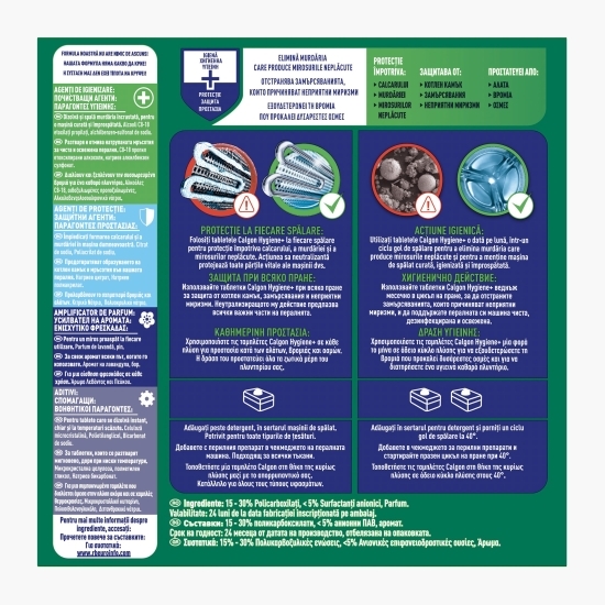 Tablete anticalcar cu rol de igienizare pentru mașina de spălat Hygiene+, 15 spălări