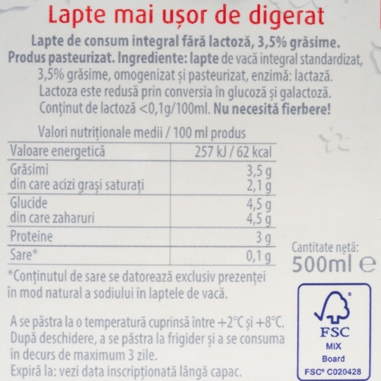 Lapte fără lactoză Zile ușoare, 3.5% grăsime, 500ml
