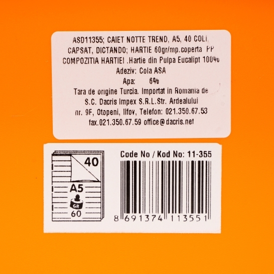 Caiet dictando Trend, A5, copertă PP, capsat, 40 file, diverse culori