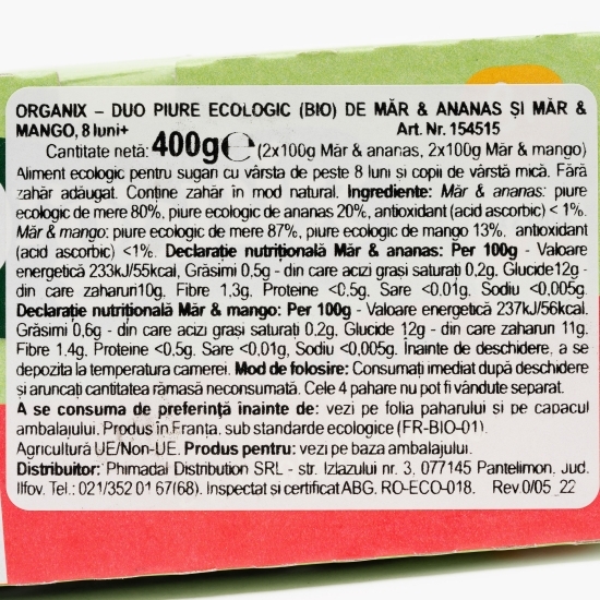 Duo piure ecologic de măr & ananas și măr & mango 8+ luni 400g