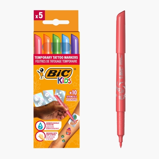 Tatuaje temporare Kids 5 markere + 10 șabloane, 6+ ani