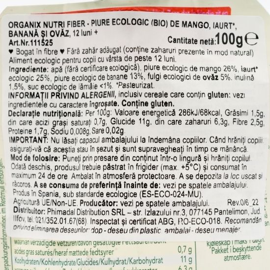 Piure ecologic de mango, iaurt, banană și ovăz 12+ luni 100g