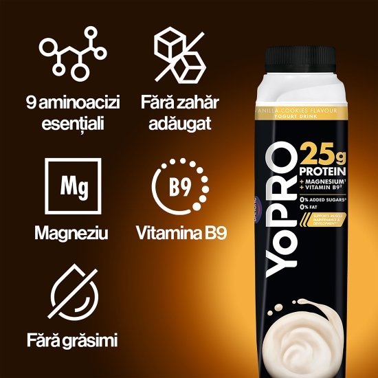 Iaurt de băut cu gust de vanilie și biscuiți, bogat în proteine, fără zahăr, 0.5% grăsime, 300g