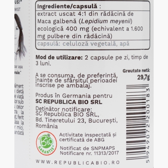 Maca ecologică extract 4:1 400mg, 60 capsule vegetale