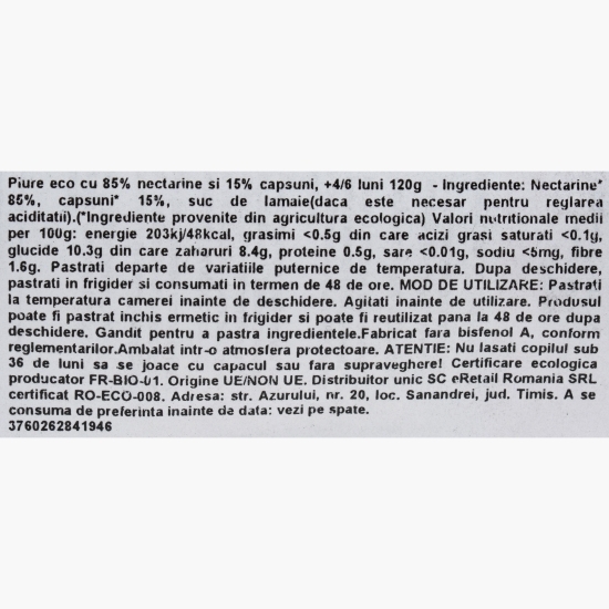 Piure eco cu 85% nectarine și 15% căpșuni, +4/6 luni, 120g