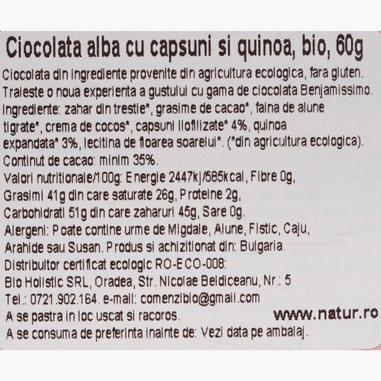 Ciocolată albă eco, cu căpșune și quinoa, 60g
