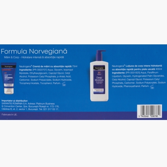 Set cadou Formula Norvegiană: Loțiune de corp intens hidratantă cu absorbție rapidă pentru pielea uscată 400ml și  Cremă de mâini cu absorbție rapidă 75ml