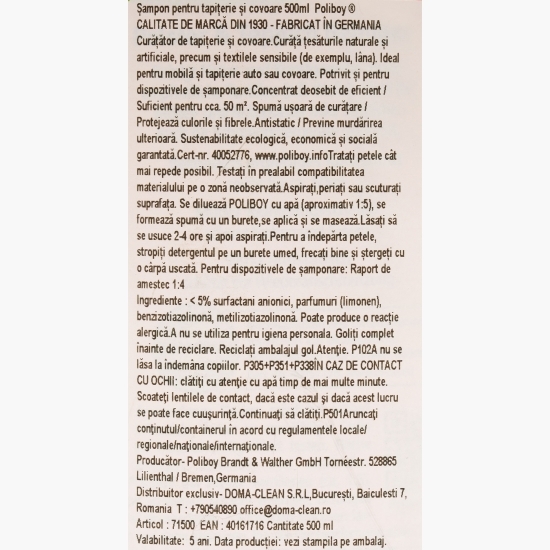 Șampon pentru tapițerie și covoare 0.5l