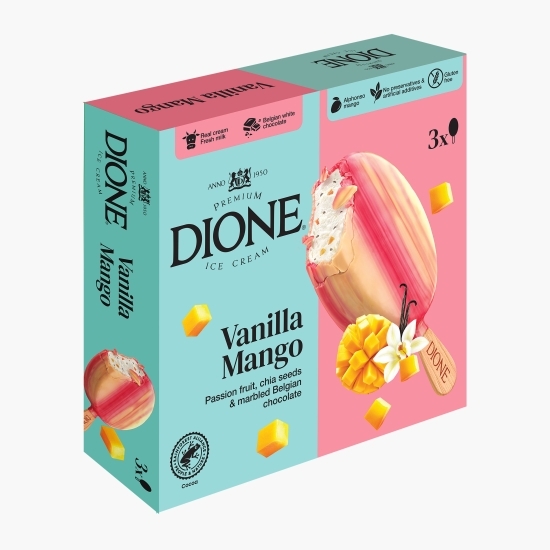 Înghețată de vanilie, mango și fructul pasiunii, cu semințe de chia și ciocolată belgiană marmorată 3x90ml