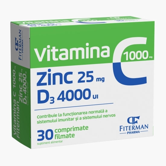 Vitamina C 1000mg + Zinc 25mg + D3 4000 UI, 30 comprimate filmate