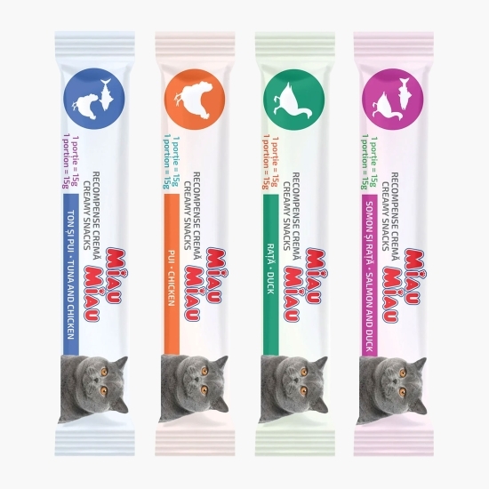 Recompense cremoase pentru pisici, cu pui, rață, somon și ton, 4x15g (60g)