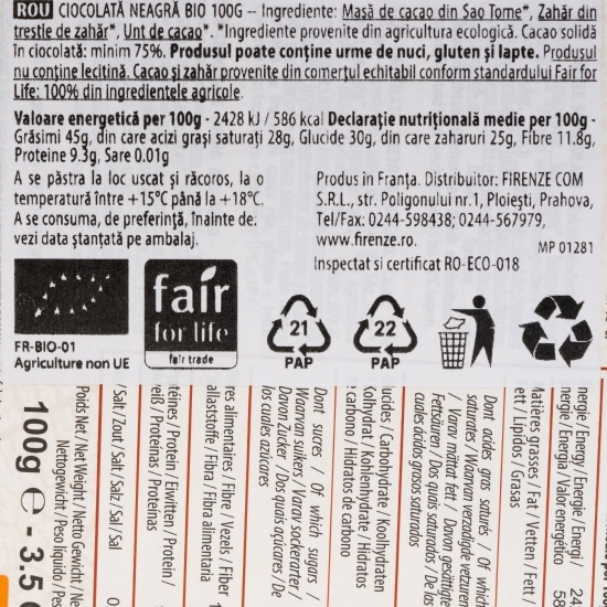 Ciocolată neagră eco cu 75% cacao 100g