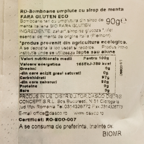 Bomboane eco umplute cu sirop de mentă 90g