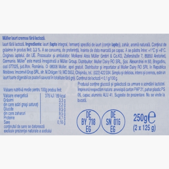 Iaurt natural fără lactoză 2x125g