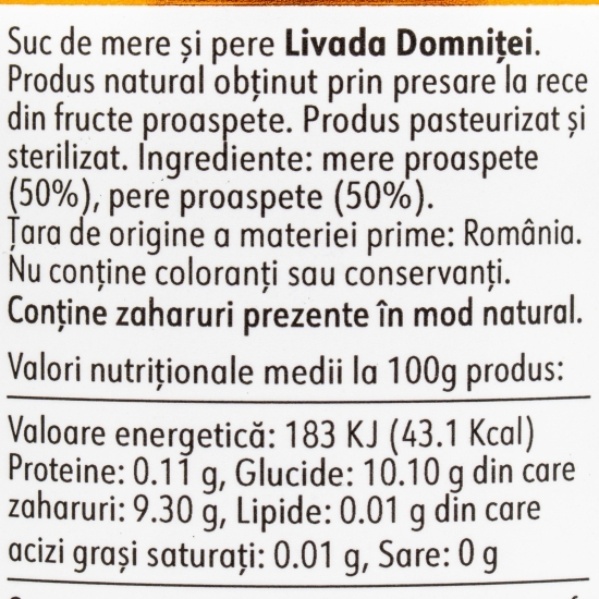 Suc de mere și pere, fără zahăr adăugat 0.33l