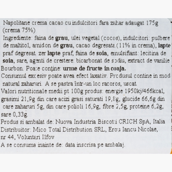 Napolitane cu cremă de cacao, fără zahăr adăugat 175g