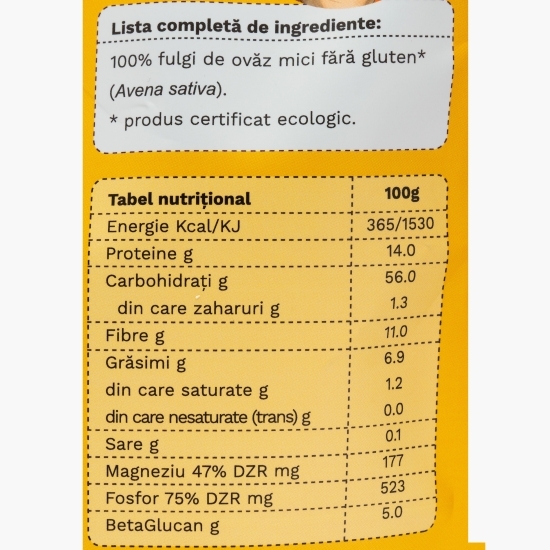 Fulgi mici de ovăz ecologici, fără gluten 500g