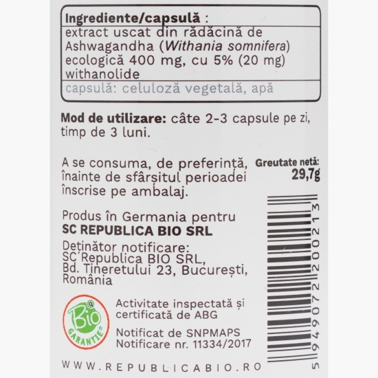 Ashwagandha ecologică extract 5% 400mg, 60 capsule vegetale