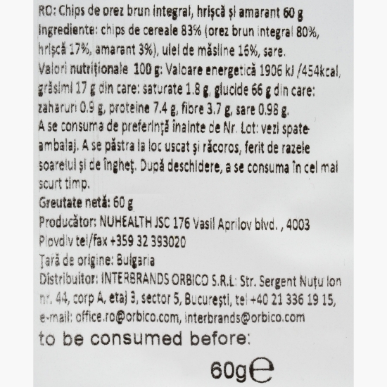Chips de orez brun cu amarant și hrișcă 60g
