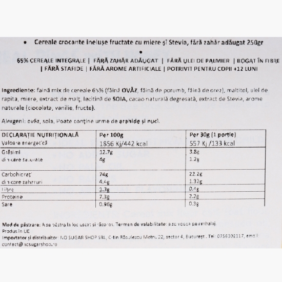Cereale crocante inelușe fructate cu miere și stevia, fără zahăr adăugat 250g
