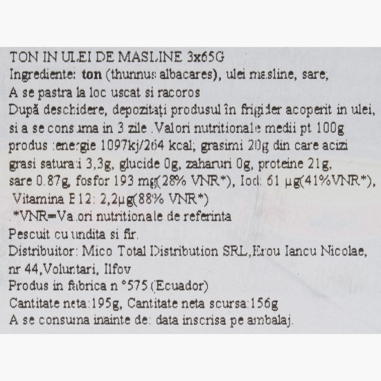 Ton în ulei de măsline 3x65g