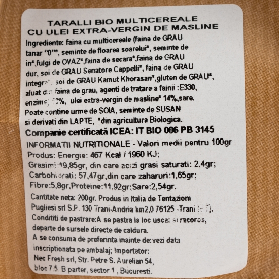 Taralli ecologici multicereale cu ulei extravirgin de măsline 200g