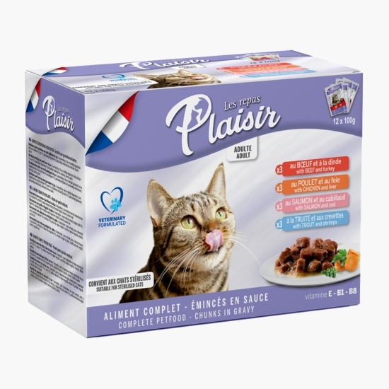 Hrană umedă pentru pisici, 12x100g, cu vită & curcan, pui & ficat, somon & cod, păstrăv & creveți