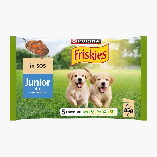 Hrană umedă pentru câini juniori, plicuri 4x85g, cu pui și morcovi în sos